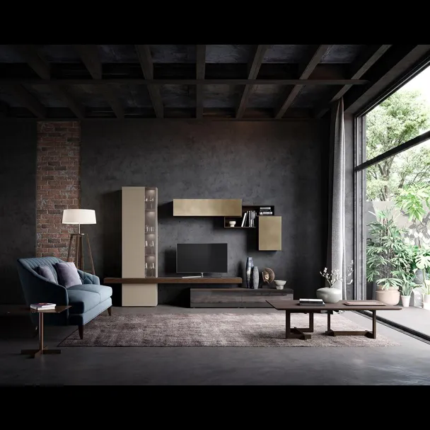 Parete Attrezzata Composizione Horizon 914 in laccato lucido, opaco e legno di Mobilgam