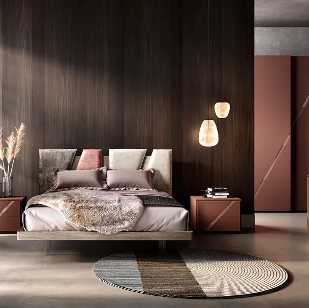Letto in legno con testiera con elementi in pelle imbottita L01 Altair Pad e Alfa di Mercantini