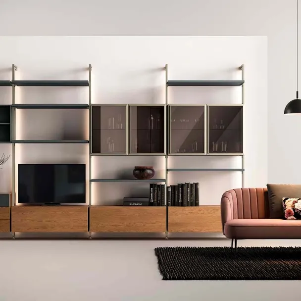 Libreria a muro Kosmos KL218 in legno con ante in vetro di Mercantini