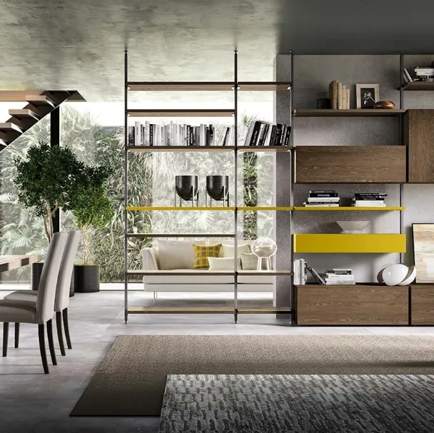 Libreria a muro e divisoria Kosmos KL219 in legno e laccato opaco di Mercantini