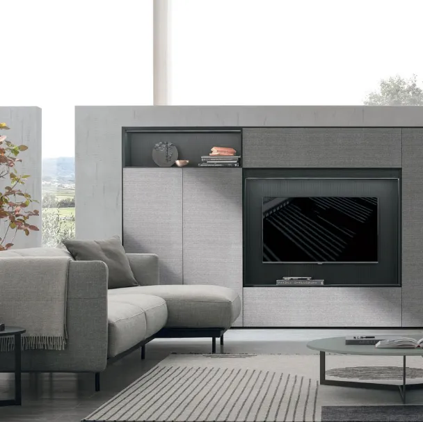 Parete Attrezzata Atlante UNIT AT202 in materico paglia grigio, materico rovere carbone e rovere carbone canettè di Tomasella