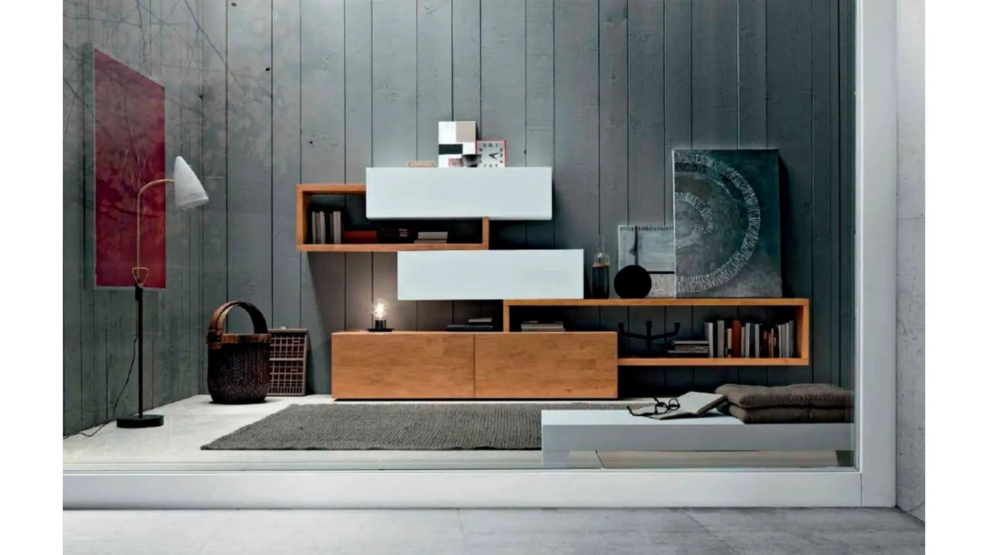 Parete Attrezzata Box C85B in legno e laccato bianco opaco di FGF Mobili