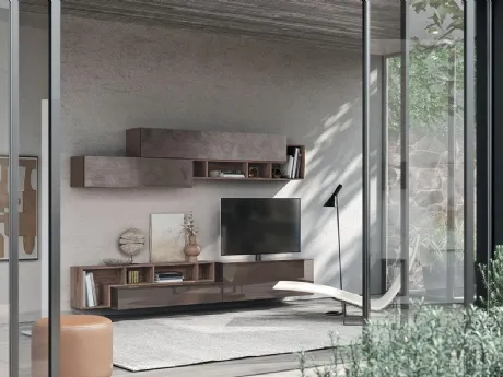 Parete Attrezzata Composizione Horizon 904 in legno, laccato lucido e materico di Mobilgam