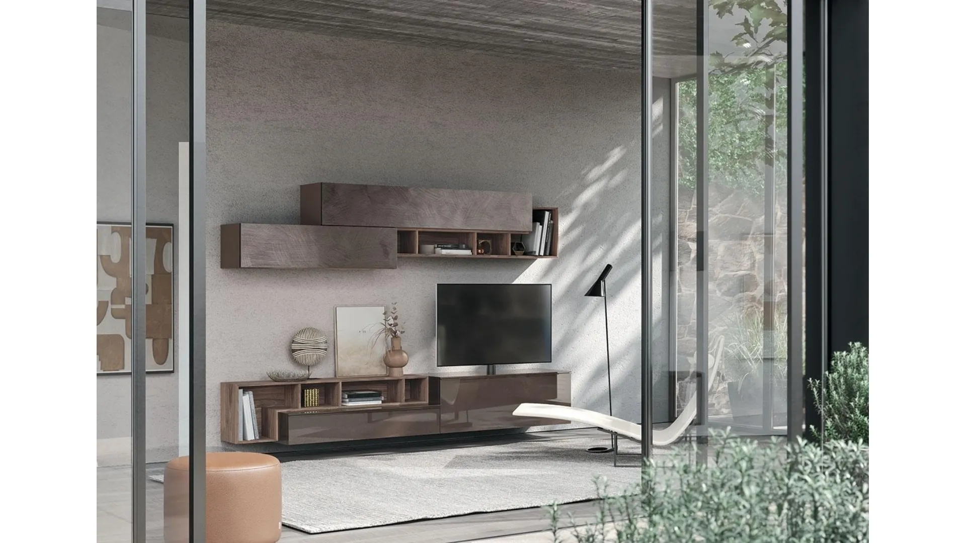 Parete Attrezzata Composizione Horizon 904 in legno, laccato lucido e materico di Mobilgam