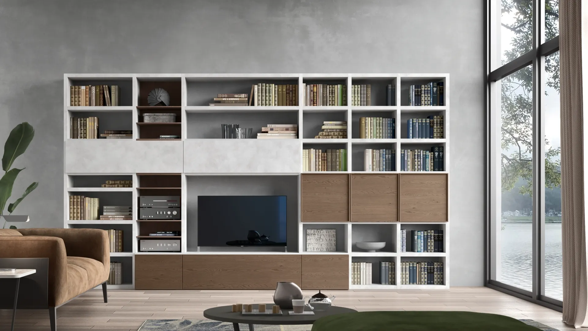 Parete Attrezzata Spalla SA2222 in Rovere Grigio e melaminico Cemento Grigio di Maronese Acf