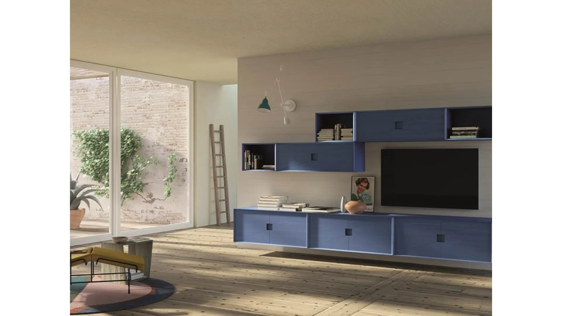 Parete attrezzata Unikawood 13 in legno laccato blu di Fratelli Mirandola
