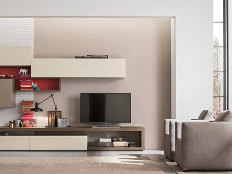 Parete Attrezzata Unix Comp SU2110 in essenza Olmo Tabacco e laccato Cashmere di Maronese