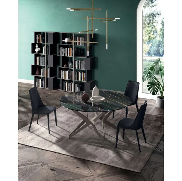 Tavolo Big Round Fisso in ceramica Noir Desir con base in metallo di Ozzio