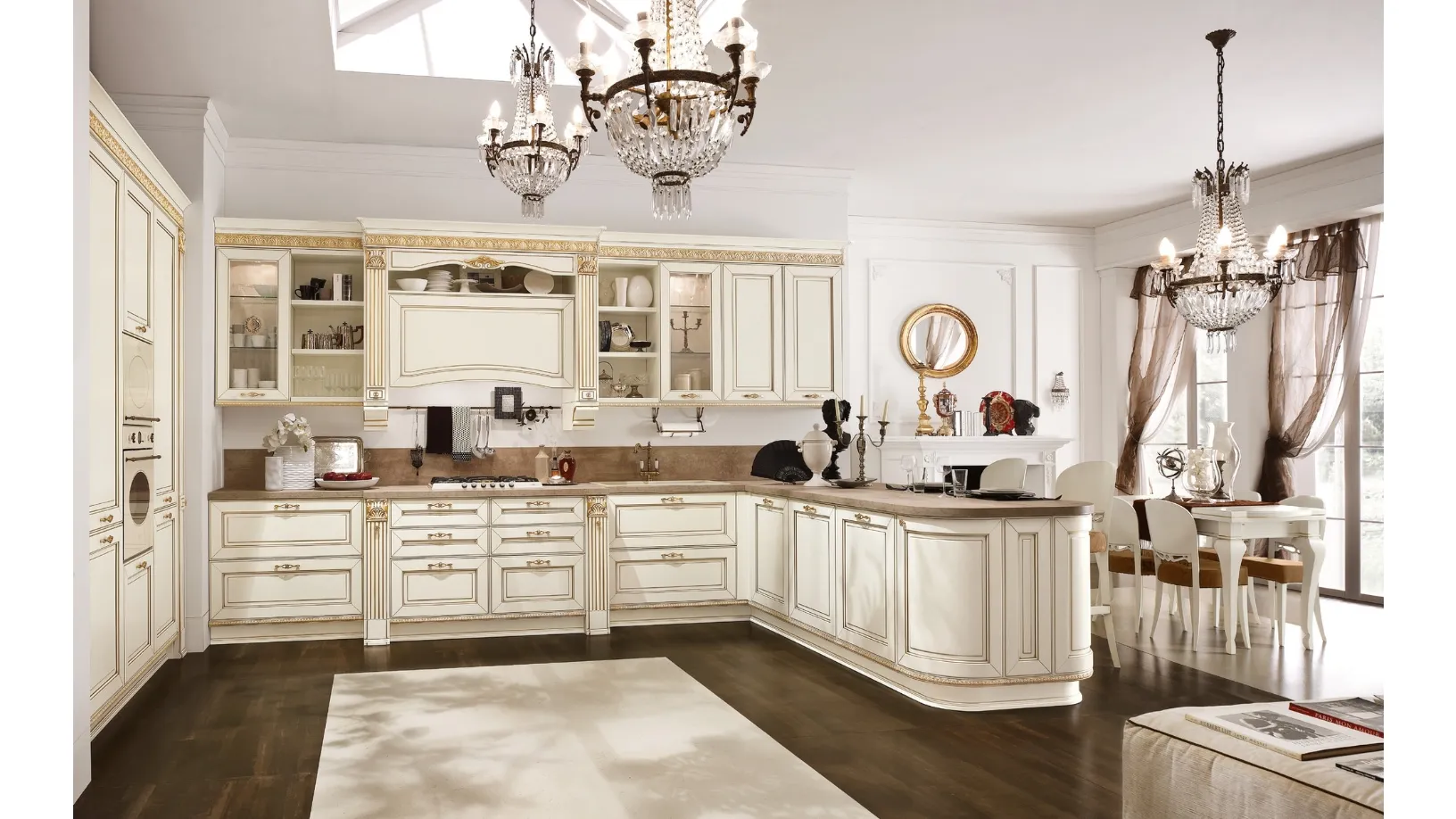 Cucina Classica Dolcevita v10 in Laccato Avorio filo Oro, Top laminato Corten Sabbia, Maniglie finitura Oro opaco anticato di Stosa