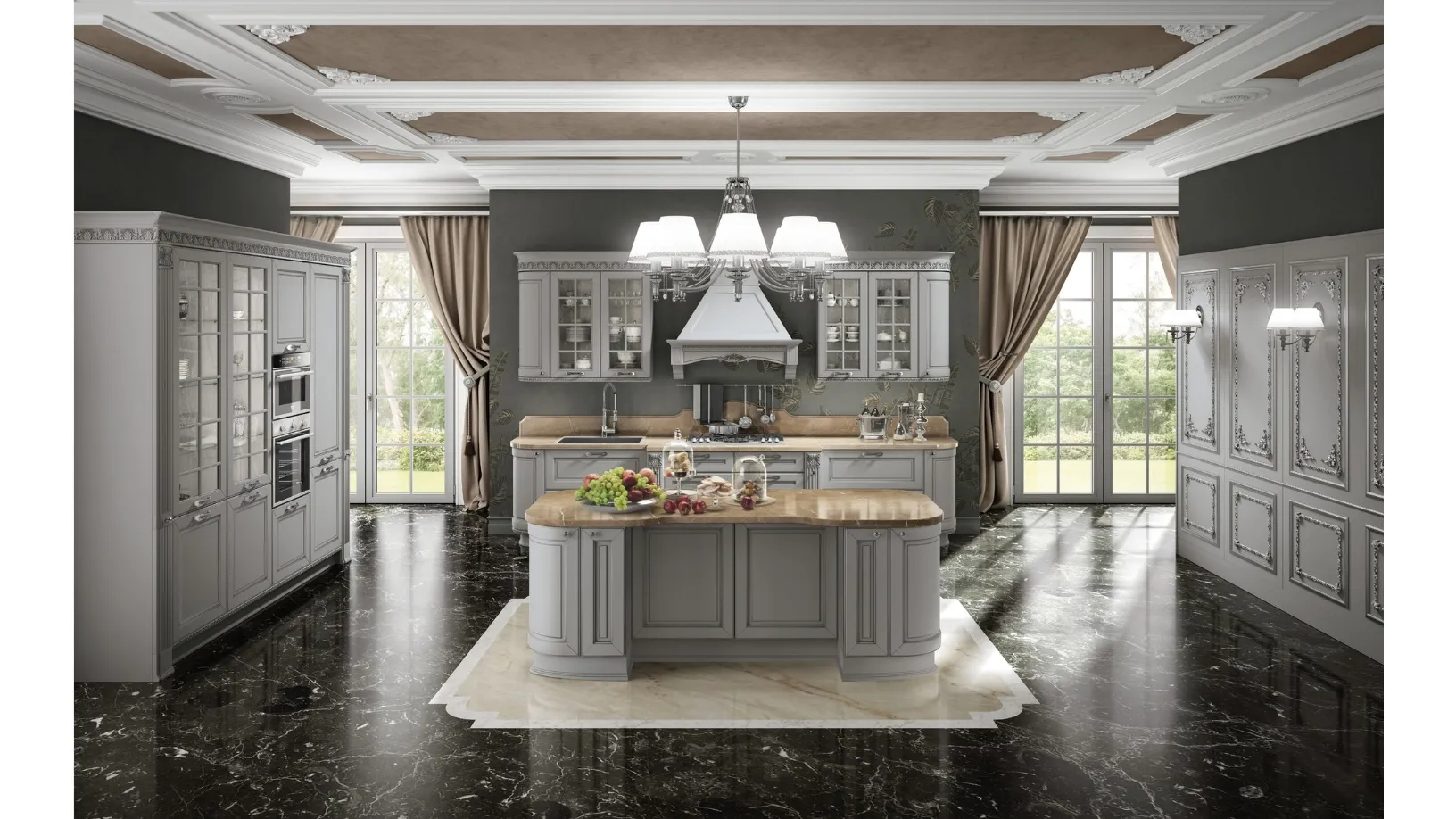 Cucina Classica Dolcevita v12 in Laccato Laguna filo Argento, Top marmo Bronze Amani, Maniglie finitura Cromo lucido con Strass di Stosa