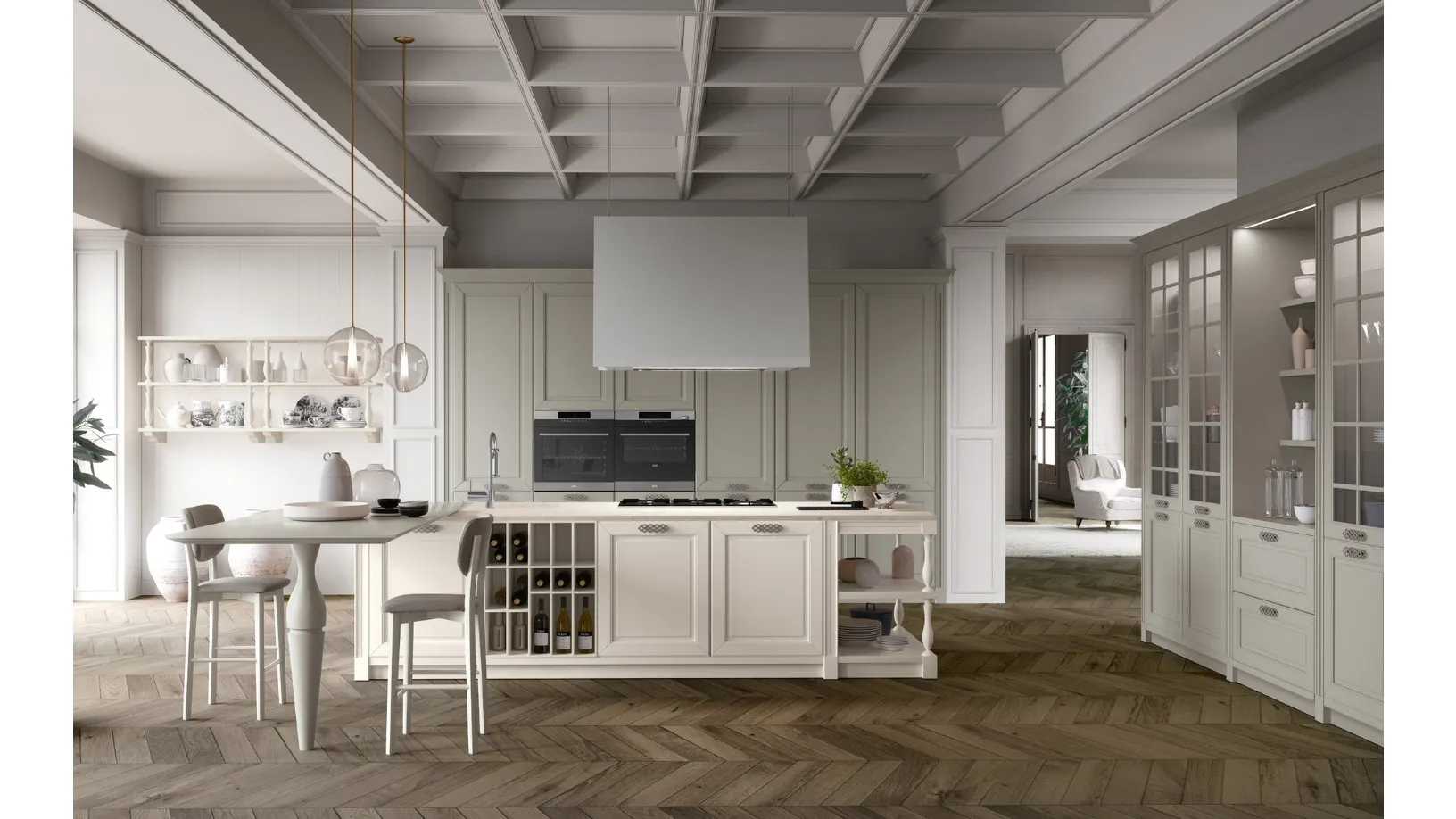Cucina Classica Dolcevita v2 Laccato Avorio e Laccato Zinco, Top Neolith Calacatta Silk, Piano snack e gambone sagomato in Laccato Zinco opaco, Maniglie in finitura Argento inglese di Stosa