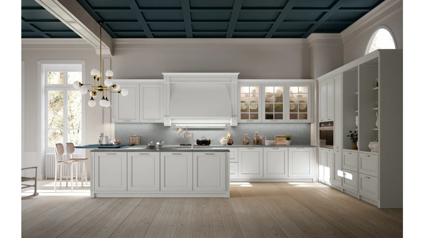 Cucina Classica Dolcevita v3 in Laccato Plata, Top Neolith Zaha Stone Silk, Piano snack in laccato Blu Nettuno, Maniglie in finitura Argento satinato di Stosa