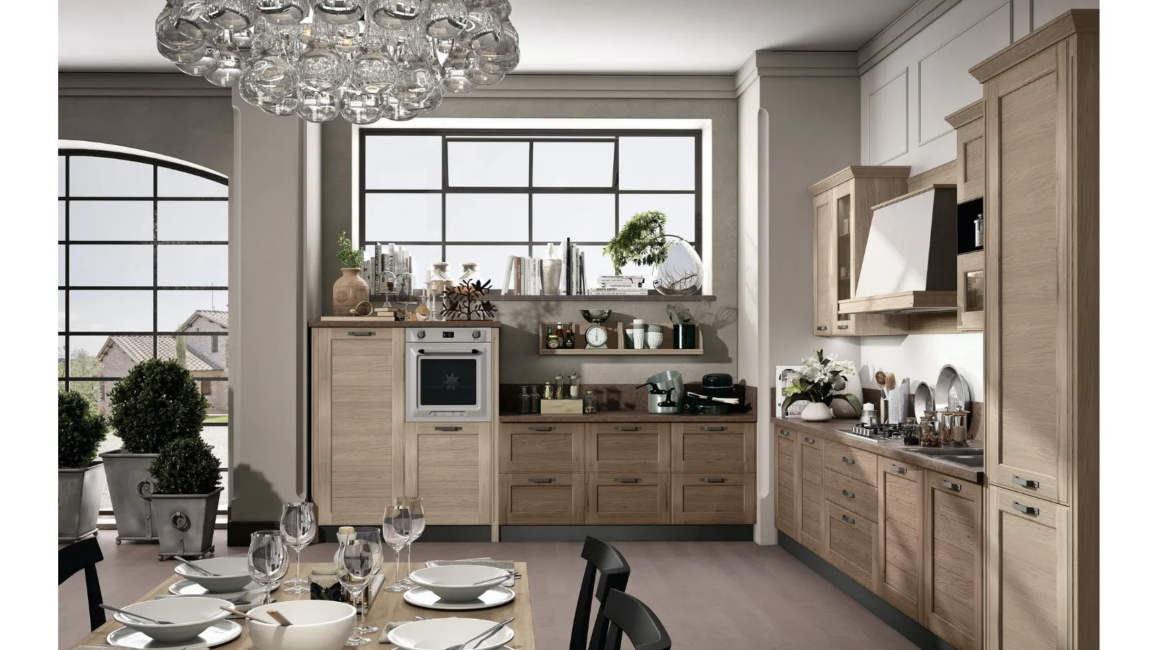 Cucina Classica York v9 in Rovere Nordic e Visone, Maniglia Soul Finitura Peltro Stosa